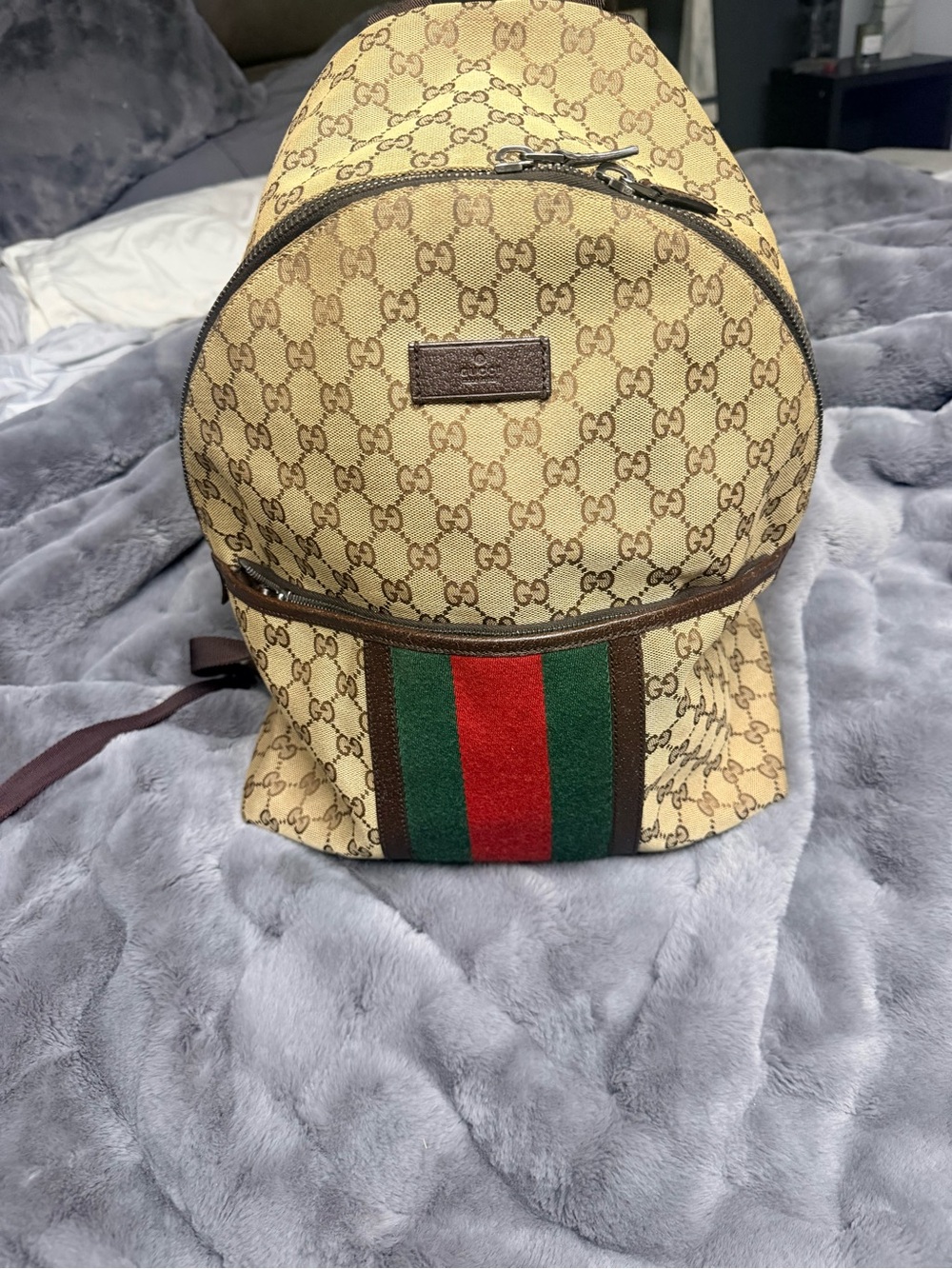 Gucci Beige GG Canvas Backpack with Green and Red Web Stripe